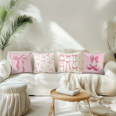 Pink bow cherry pattern printed pillowcase, soft and comfort