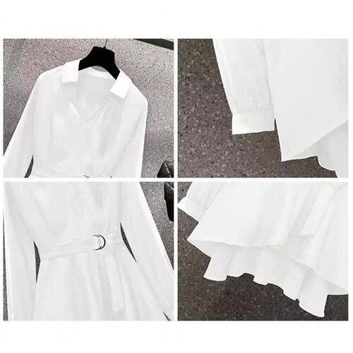 Women Shirt Dress Lapel V Neck Long Sleeves Irregular Hem Wa