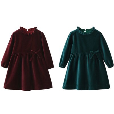 Spring Solid Color Long Sleeve Toddler Velour Dresses 1-8Yrs