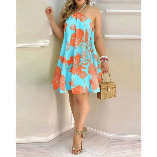 Floral Print Halter Neck Dress Boho Backless Halter Dress Fo