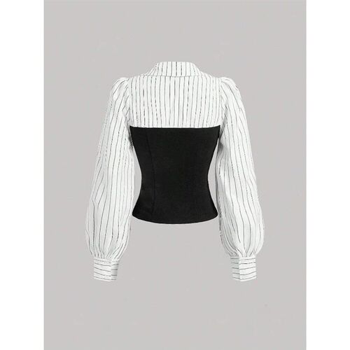 Womens Fashion Striped Spliced Lapel Shirt Elegant Fashion