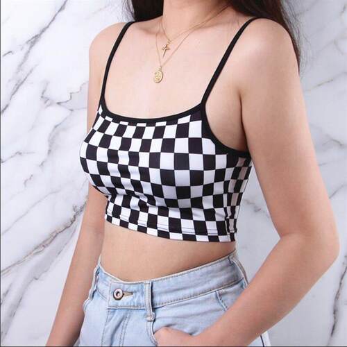 Black Red Plaid Checkerboard Tank Top Halter Women Bare Midr