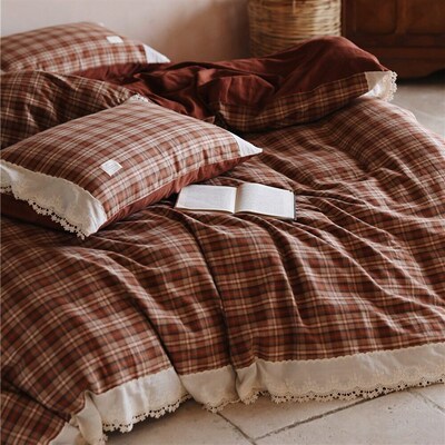 Warm Girly Cotton Yarn-dyed Plaid Brushed Four-piece Set, La