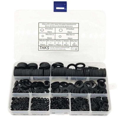 600Pcs Black Nylon Rubber Flat Washer Assortment Kit for M2