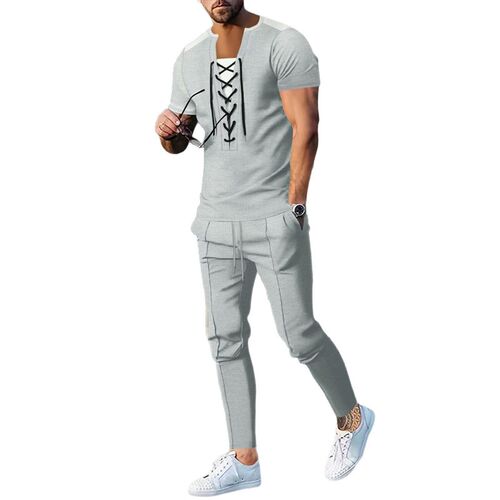 25 Mens V-neck Rope Short-sleeved Trousers Two-piece Casual