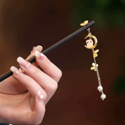 Moon Jade Rabbit Hairpin Wooden Fashion Vintage Osmanthus Pe