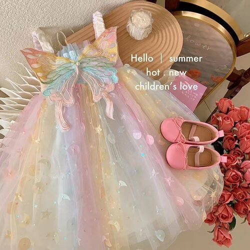 2023 Kids Dress Girl Summer Dress Rainbow Butterfly Wings Fl