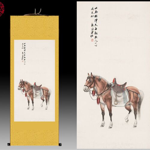 溥佐画家战马图丝绸画枣红马卷轴画骏马图客厅装饰画马到成功挂画