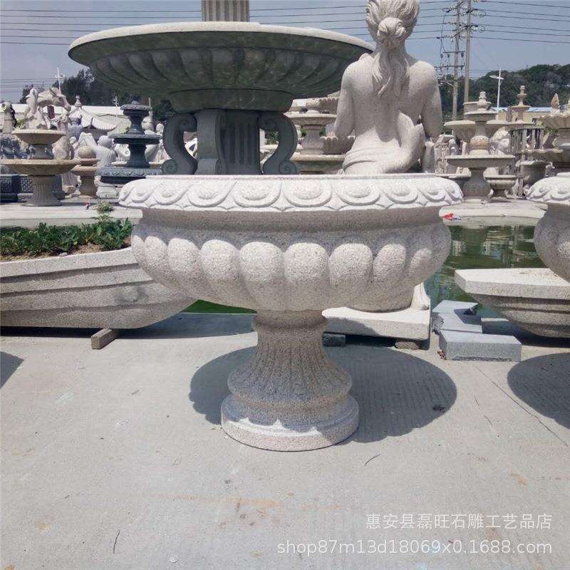青石荷花圆形鱼缸仿古酒店办公室石雕鱼缸花盆庭院别墅摆件