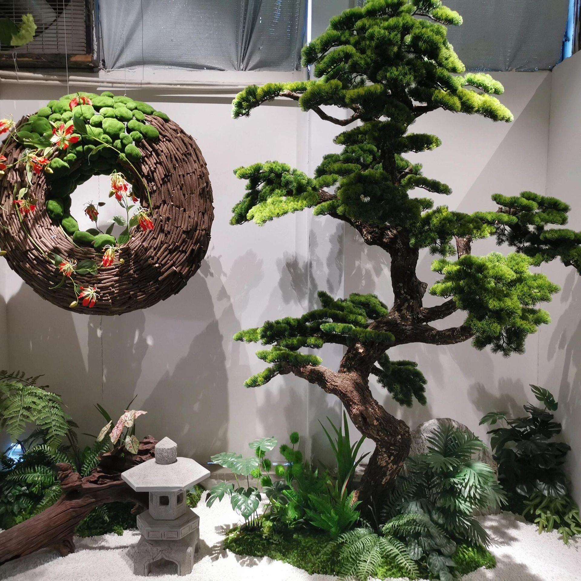 新中式迎客松仿真树室内绿植造景落地装饰盆景玄关楼梯下罗汉松树
