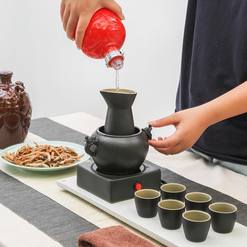 黑陶双龙烛台温酒器烫酒壶 家用陶瓷电加热黄酒酒盅分酒 酒具套装