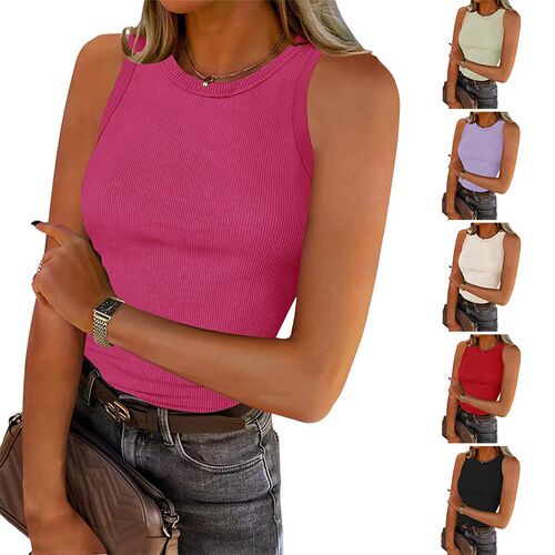 Womens Rib Knitted Vest Round Neck Sleeveless Slim-fit Casu