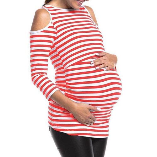 Wearing striped off shoulder nine quarter sleeved