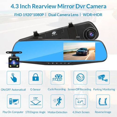 E-ACE Dash Cam 4.3 Inches Car DVR Rearview Mirror Driving Re