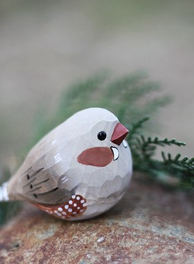 鹿妖商店肥啾木雕小鸟珍珠鸟斑胸草雀纯手工实木桌面摆件