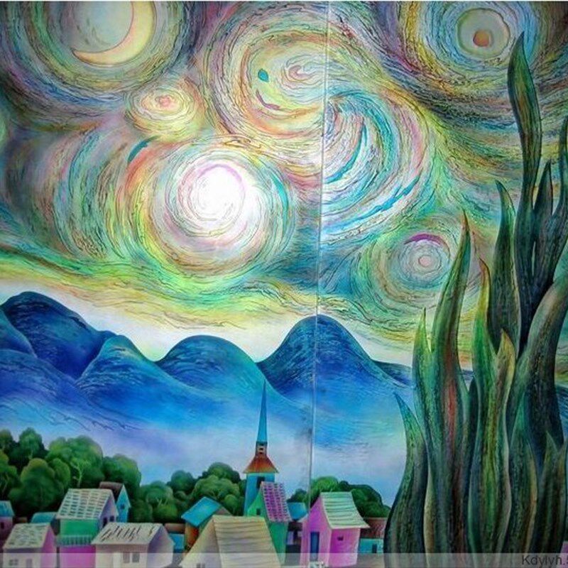 艺术玻璃隔断屏风电视背景墙 肌理雕刻抽象油画梵高名作横幅星空