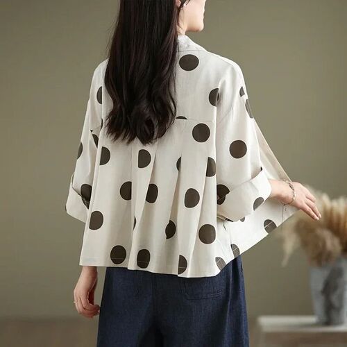 Loose Polka Dot Cotton Linen Short Sleeve Shirt Casual Sprin