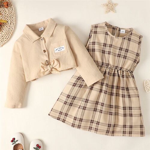 1-6Years Little Girl Clothes Suit Sleeveless Plaid Dress+Sol