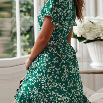 Boho Floral Print Ruffles Women Dress Summer Sexy V Neck Sho