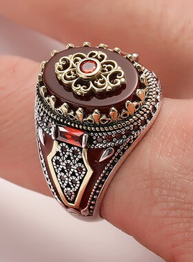 Retro Luxury Natural Green Stone Turkish Handmade Crown Ring