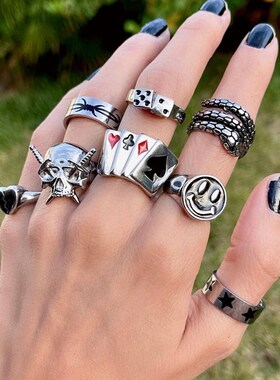 Ins Gothic Punk Heart Grog Skull Rings for Women Men Vintage