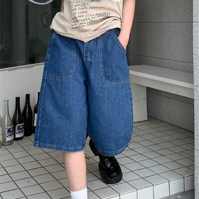 Loose Neutral Large Pocket Wide Leg Denim Half Pants Womens