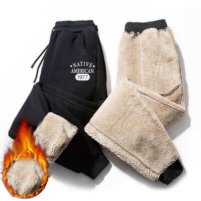 Winter Pants Men Fur Lined Joggers Thick Sweatpants Drawstri