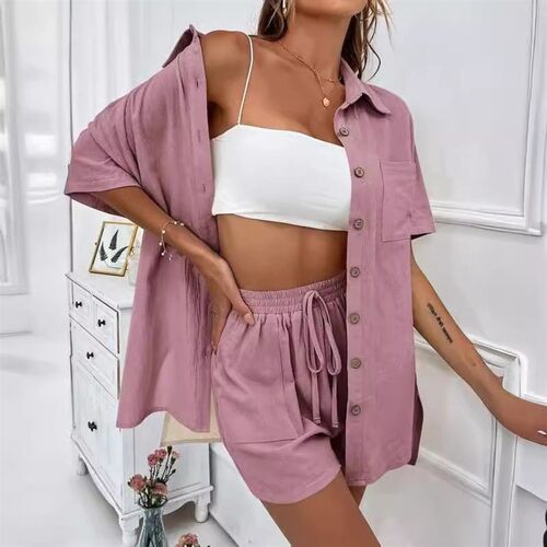 Stylish Shorts Two-piece Solid lor Shirt Suit Casual Loose S