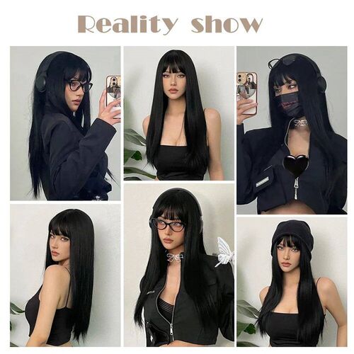 Synthetic Long Silky Straight Wigs with Bangs Black Cosplay