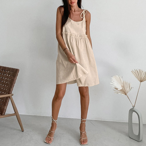 Women Cotton Linen Dress Vacation Spaghetti Strap Dress
