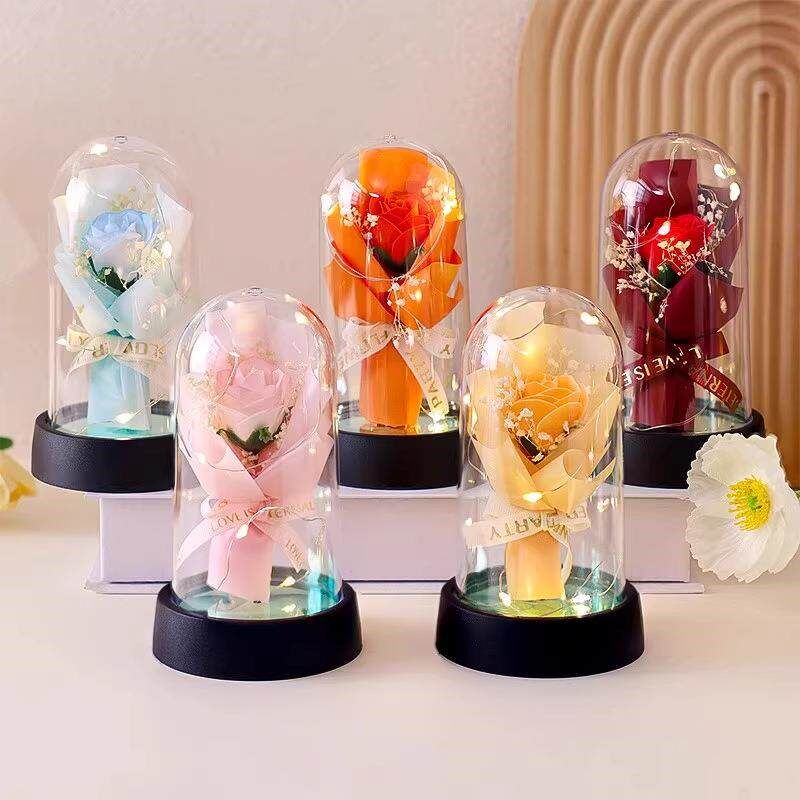 Glass Dome Flower Bouquet Qixi Valentines Day Gift Crushed - 实物图