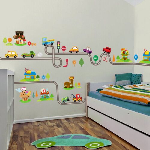 Cartoon Highway Track Cars Wall Stickers For Kids Rooms Stic