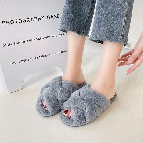Open-toed Fur Slippers For Women With Furry Couple Plush Sew