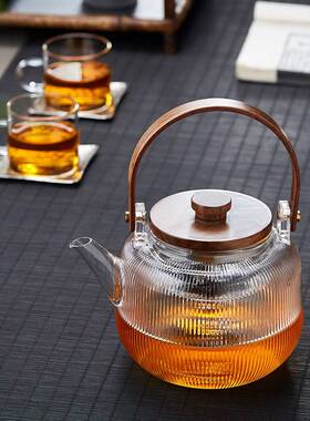 手工耐玻双式璃内胆胡HY889018桃木提梁泡茶壶日蒸煮热壶烧水电陶