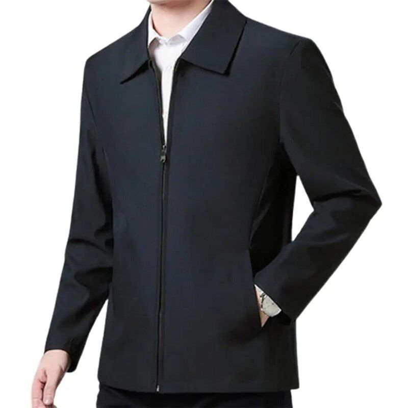 Men Coat Smooth Zipper Lapel Collar Solid Color Middle-aged