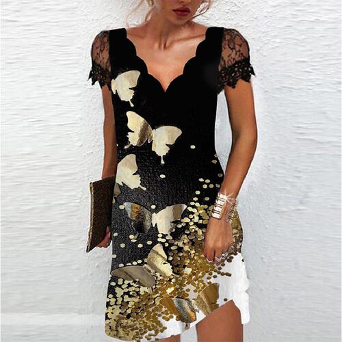 New Women Print V Neck Lace Stitching Short-sleeved Dress