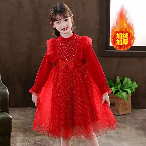 Girls Dress Winter New Lace White Princess Dress Bow Fleece