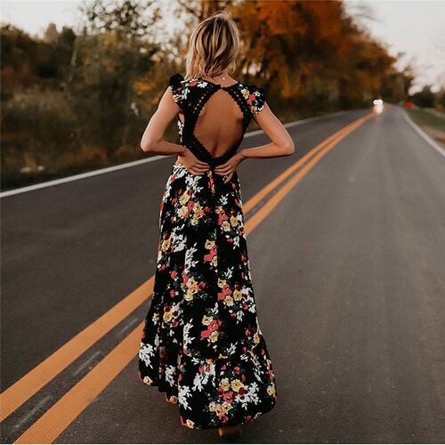 Women Boho Backless Irregular Floral Printed Dress  Summer