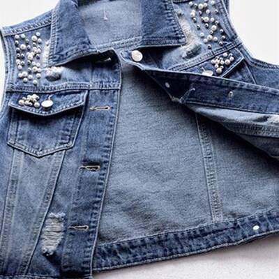 JMPRS Denim Women Vest Luxury Pearls Fashion Ripped Autumn J