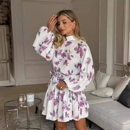 White Elegant Mini Shirt Dress Women Fashion Ruffles Lantern