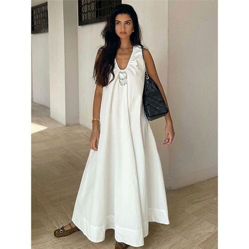 Summer Cotton Linen Women Long Dress Solid V-neck