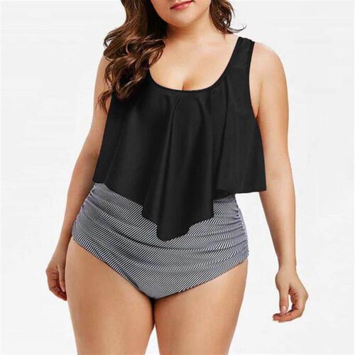 Bikini swimsuit plus high waisted printed striped split