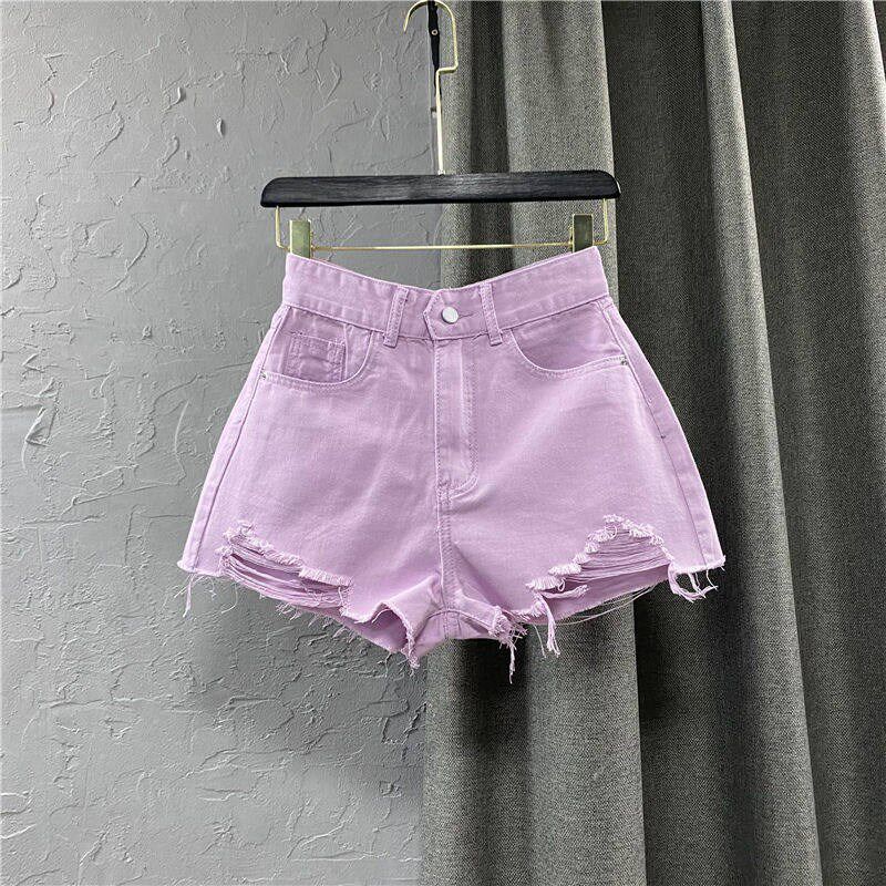 Summer New Style Korean Wide Leg Pants Candy Color Ripped De