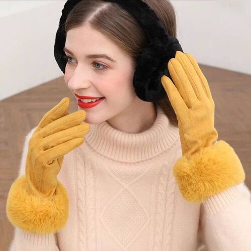 Female Faux Rabit Fur Suede Leather Touch Screen Driving Glo