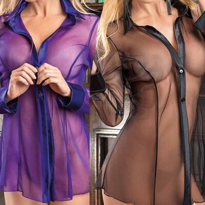 Women Button Lingerie Dress Transparent Clubwear Stripper