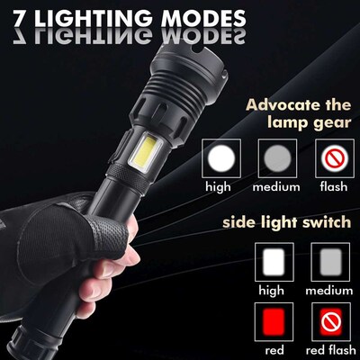 New XHP90 + COB red white light flashlight retractable focus