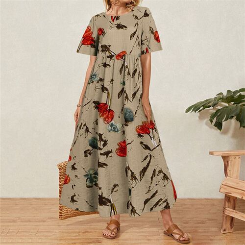 Vintage Floral Long Dress Women Summer Elegant Linen Short S