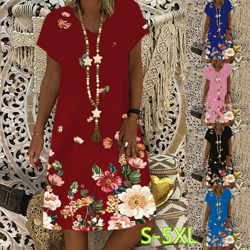 Womens New Short Sleeve Round Neck Dress  Summer Flower
