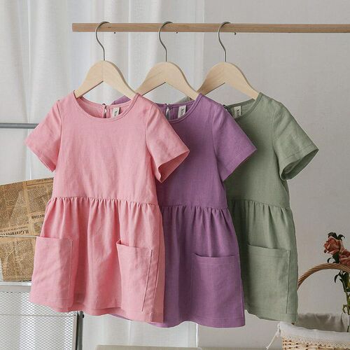 Fashion Cotton Linen Summer Girl Dress Yellow Casual Short S