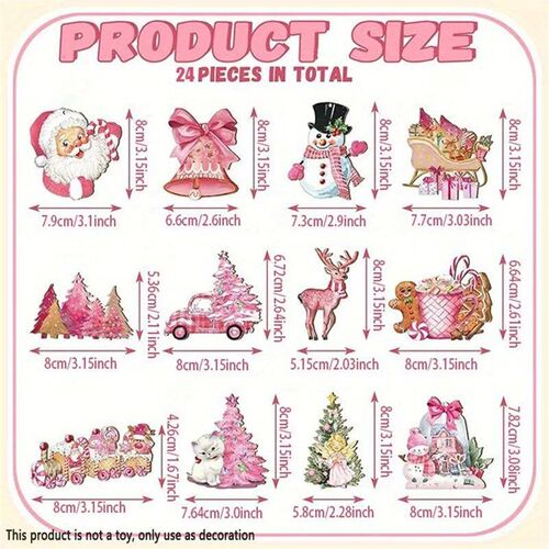 24 Pack Christmas Pink Santa Claus Bells Snowman Garland Chr